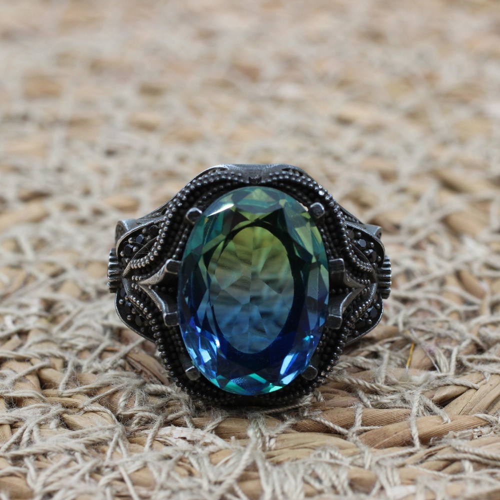 Men's Handmade Ring, Turkish Handmade Ring, Ottoman Men's Ring, Tourmaline Men's Ring, Men's Jewelry, Gift for Him, 925k Sterling Silver Men's Handmade Ring, Turkish Handmade Ring, Ottoman Men's Ring, Tourmaline Men's Ring, Men's Jewelry, Gift for Him, 925k Sterling Silver