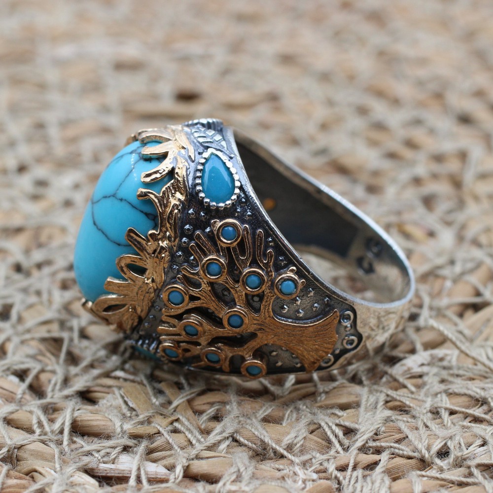 Turquoise Men's Ring, Handmade Ring, Turkish Handmade Silver Men Ring, Tree Of Life, Men's Jewelry, Gift for Him, 925k Sterling Silver Ring Turquoise Men's Ring, Handmade Ring, Turkish Handmade Silver Men Ring, Tree Of Life, Men's Jewelry, Gift for Him, 925k Sterling Silver Ring