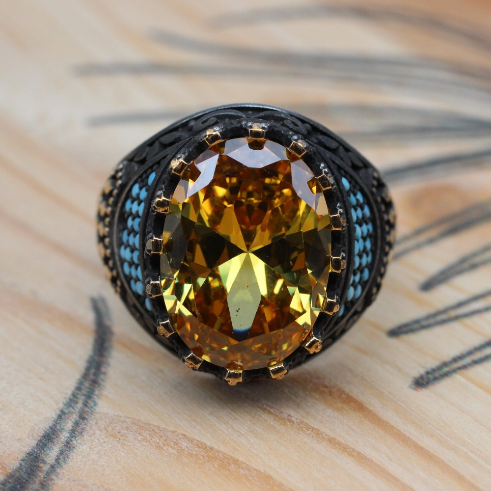 Citrine Men's Ring, Handmade Men's Ring, Turkish Handmade Ring, Ottoman Men's Ring, Men's Jewelry, Gift for Him, 925k Sterling Silver Ring