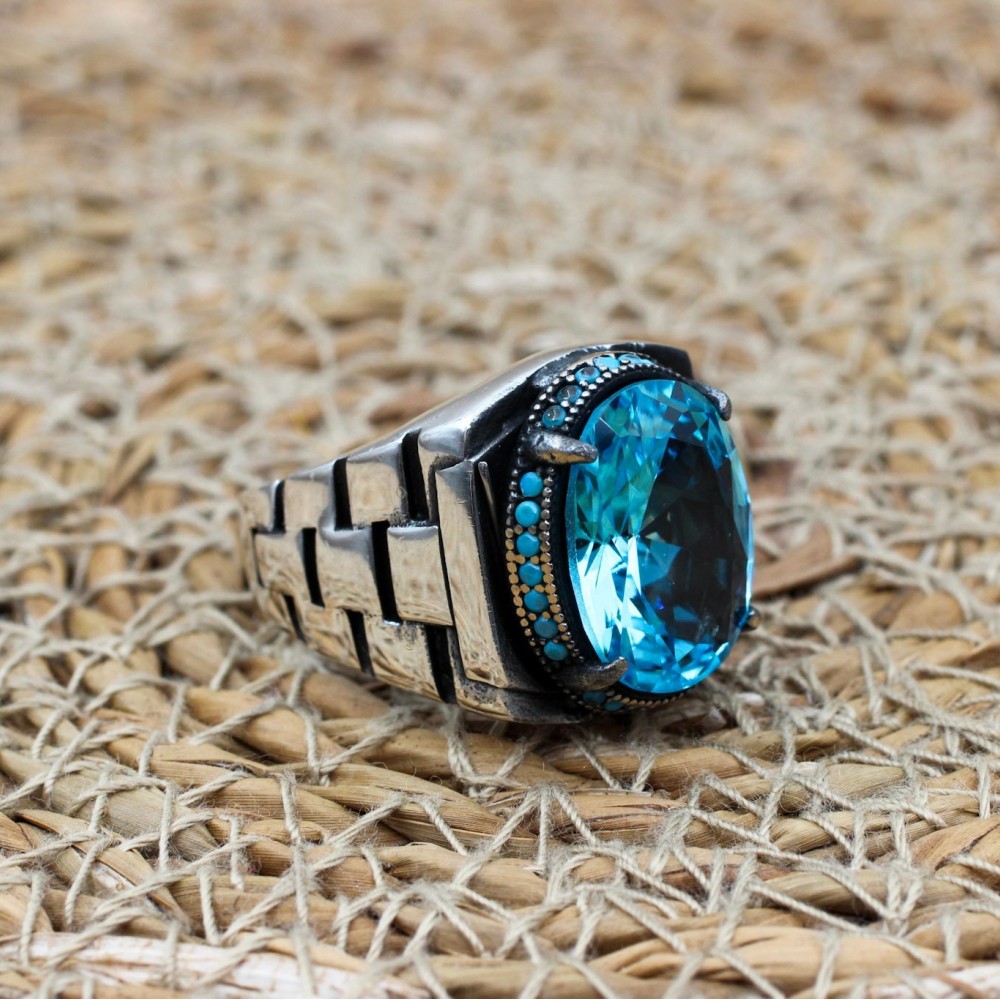 Mens Handmade Ring, Turkish Handmade Silver Men Ring, Ottoman Ring, Aquamarine Ring, Men's Jewelry, Gift for Him, 925k Sterling Silver Ring