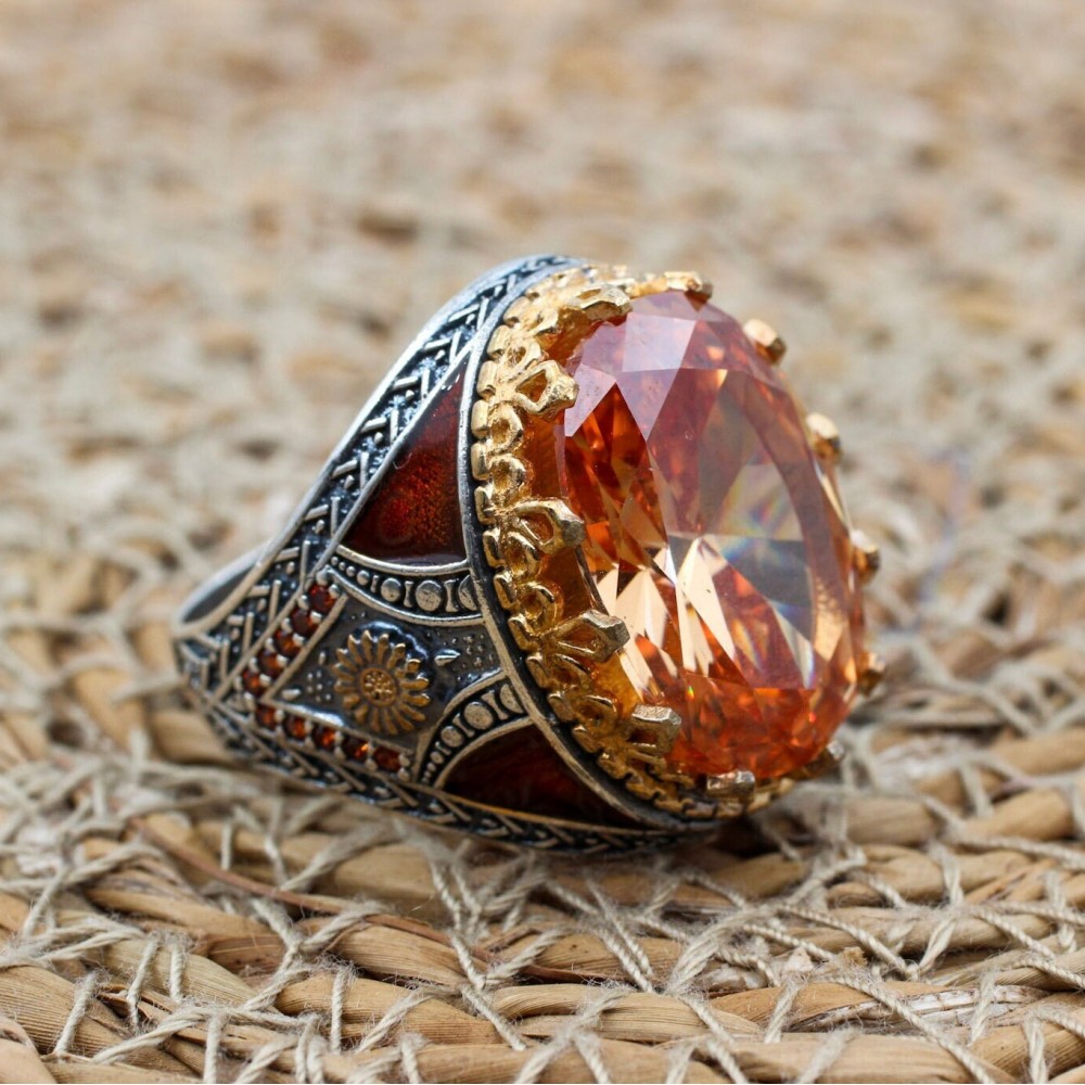 Handmade Men's Ring, Topaz Men's Ring, Men's Ring, Turkish Handmade Silver Men's Ring, Ottoman Mens Ring, Gift for Him, 925k Sterling Silver