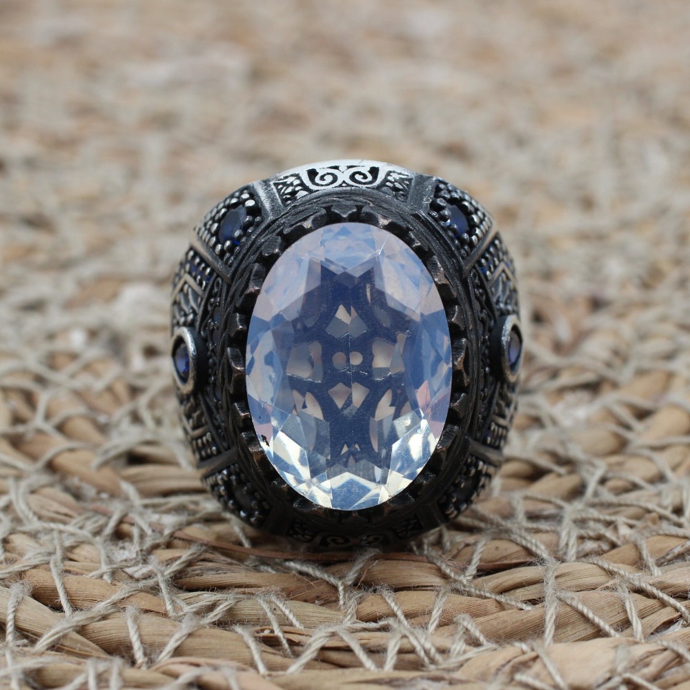 Mens Handmade Ring, Turkish Handmade Silver Men Ring, Ottoman Men Ring, Zircon Ring, Men's Jewelry, Gift for Him, 925k Sterling Silver Ring