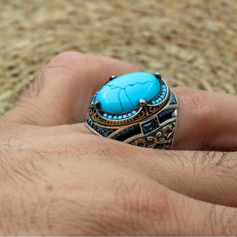 Turquoise Men's Ring, Handmade Ring, Turkish Handmade Silver Men Ring, Ottoman Ring, Men's Jewelry, Gift for Him, 925k Sterling Silver Ring
