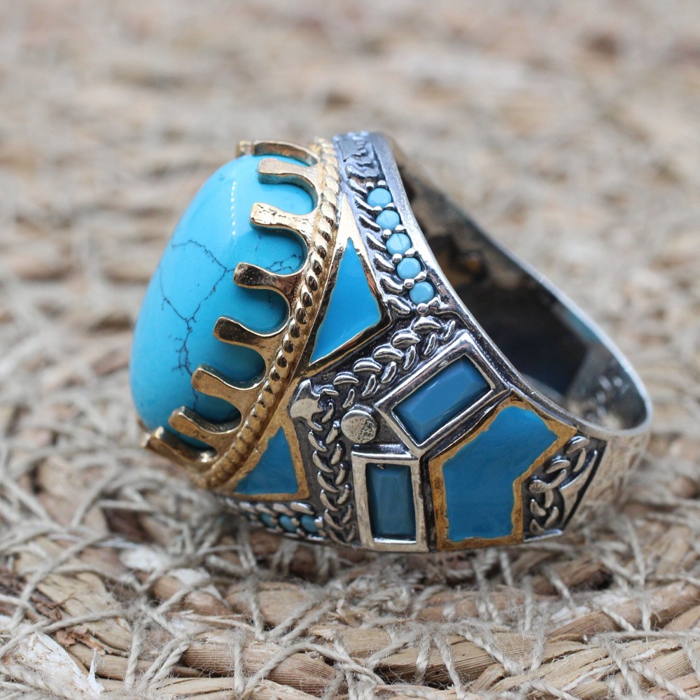 Turquoise Men's Ring, Handmade Ring, Turkish Handmade Silver Men Ring, Ottoman Ring, Men's Jewelry, Gift for Him, 925k Sterling Silver Ring