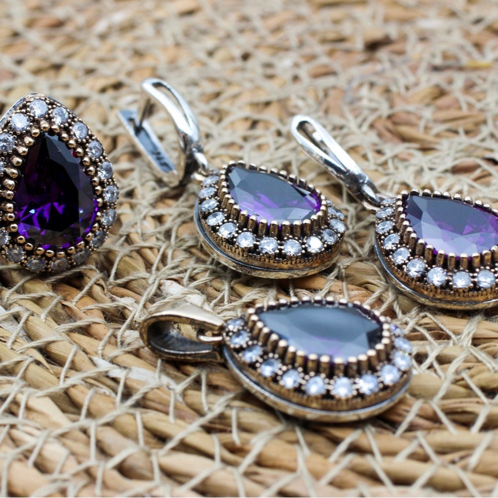 Amethyst Set, Authentic Set, Handmade Set Women, Turkish Handmade, Ladies Jewelry Set, Earring, Pendant, Ladies Set, 925k Sterling Silver