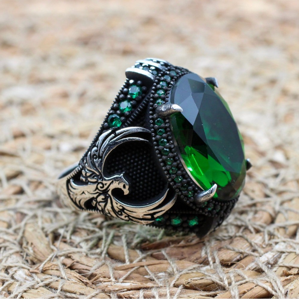 Mens Handmade Ring, Turkish Handmade Silver Men Ring, Ottoman Men Ring, Emerald Ring, Men's Jewelry, Gift for Him, 925k Sterling Silver Ring