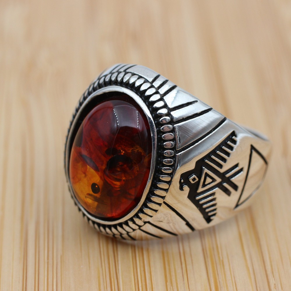 Amber Ring, Men's Handmade Ring, Ottoman Men Ring, Turkish Handmade Silver Men Ring, Men's Jewelry, Gift for Him, 925k Sterling Silver Ring