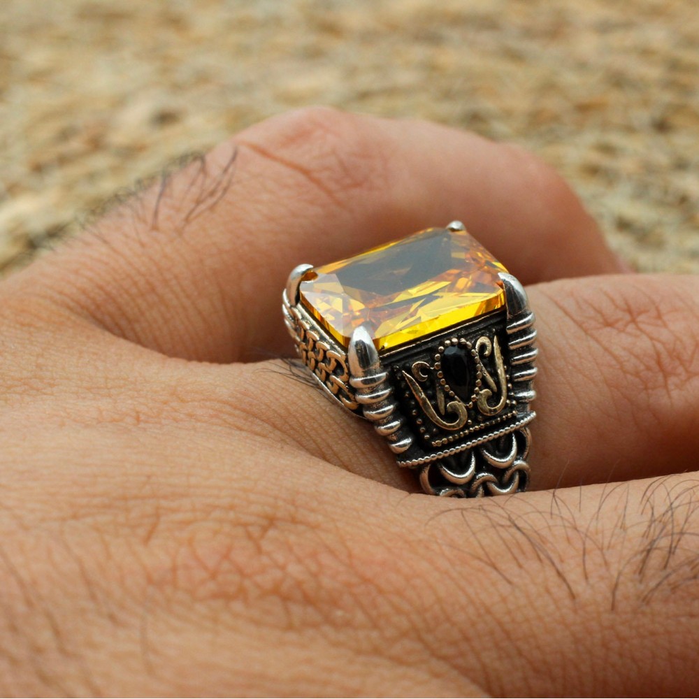 Men's Handmade Ring, Men Chain Model Ring, Citrine Men's Ring, Ottoman Men's Ring, Men's Jewelry, Gift for Him, 925k Sterling Silver Ring