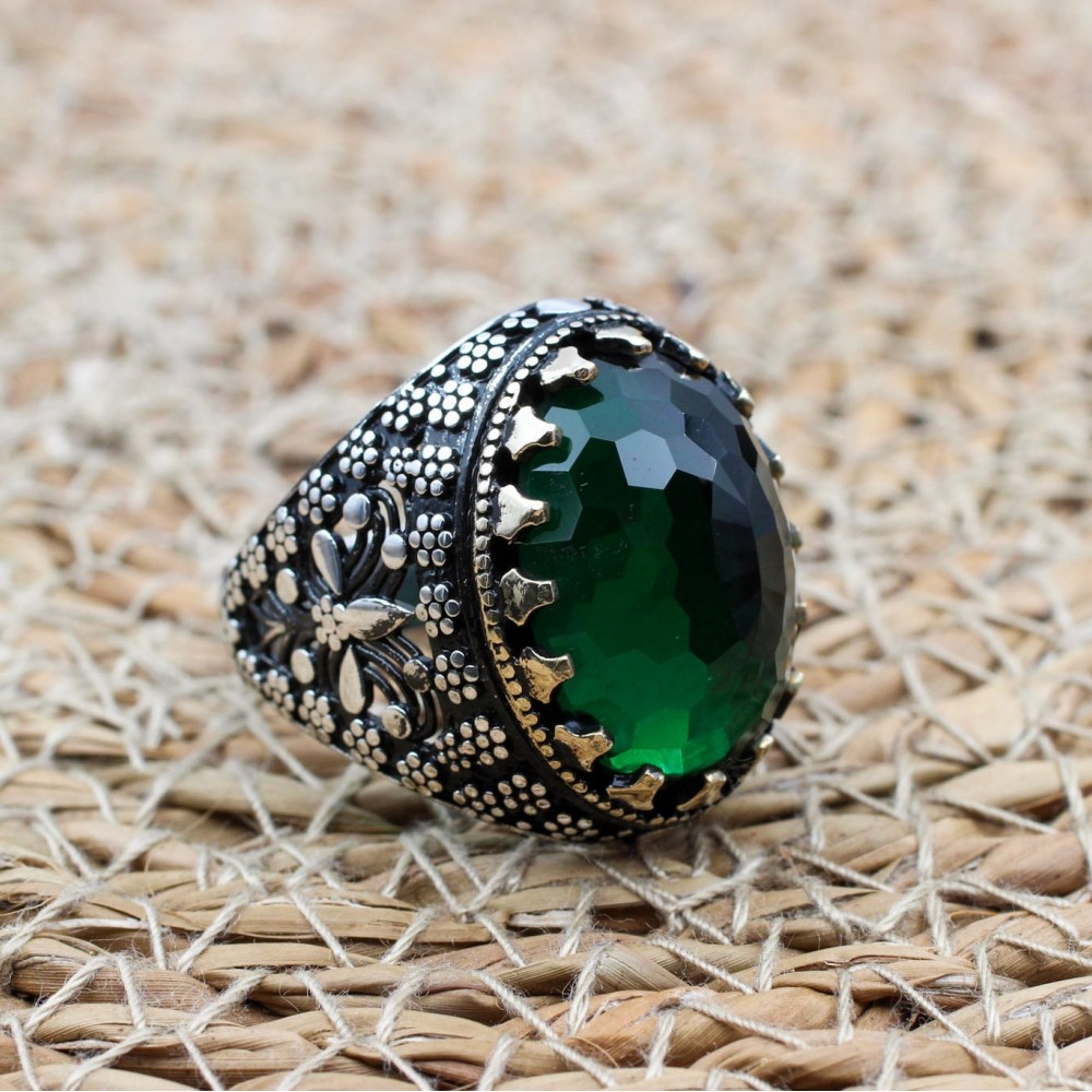 Emerald Men's Ring, Ottoman Men's Ring, Handmade Men's Ring, Turkish Handmade Men's Ring, Men's Jewelry, Gift for Him, 925 Sterling Silver