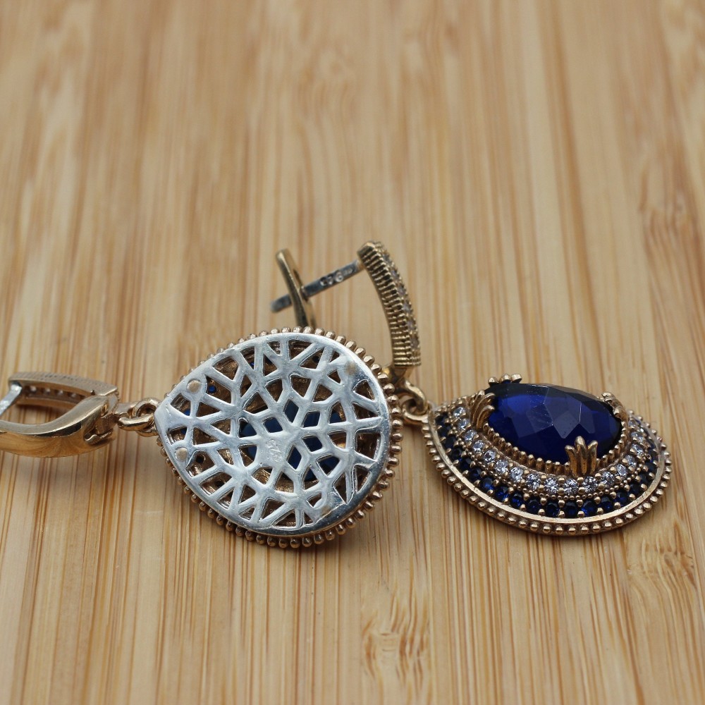 Sapphire Set, Authentic Set, Handmade Set Women, Turkish Handmade, Ladies Jewelry Set, Earring, Pendant, Ladies Set, 925k Sterling Silver