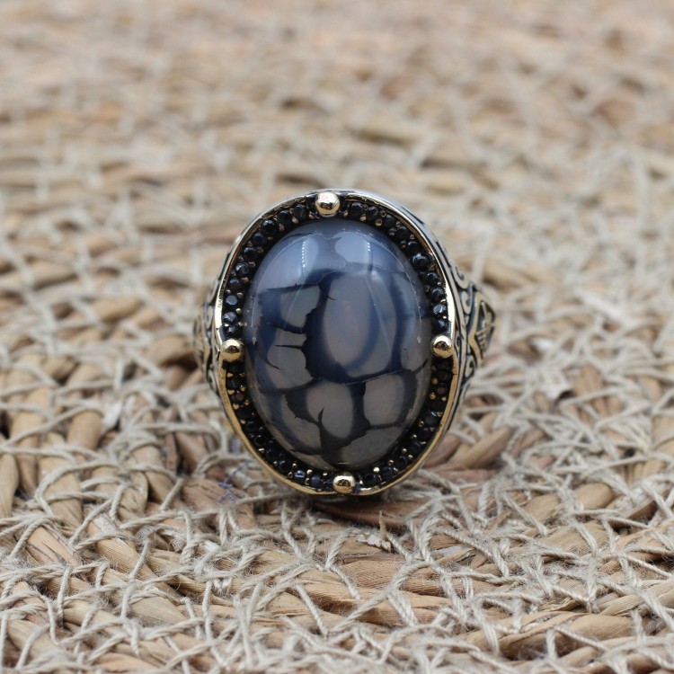 Agate Men's Ring, Handmade Men's Ring, Turkish Handmade Silver Ring, Ottoman Mens Ring, Mens Jewelry, Gift for Him, 925 Sterling Silver Ring