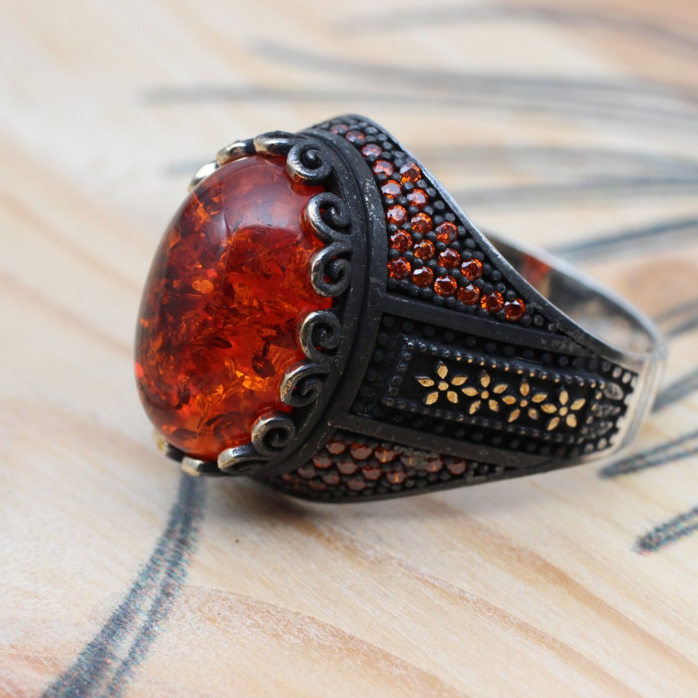 Amber Ring, Men's Handmade Ring, Ottoman Men Ring, Turkish Handmade Silver Men Ring, Men's Jewelry, Gift for Him, 925k Sterling Silver Ring
