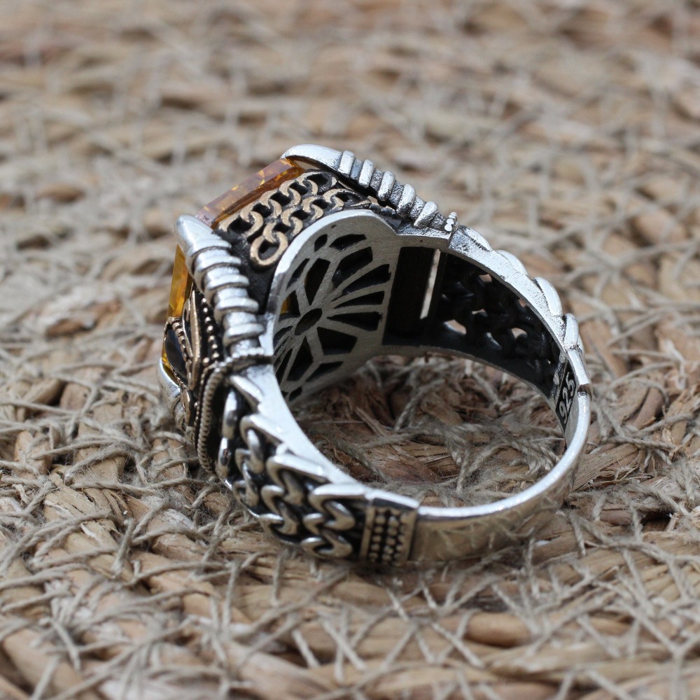 Men's Handmade Ring, Men Chain Model Ring, Citrine Men's Ring, Ottoman Men's Ring, Men's Jewelry, Gift for Him, 925k Sterling Silver Ring