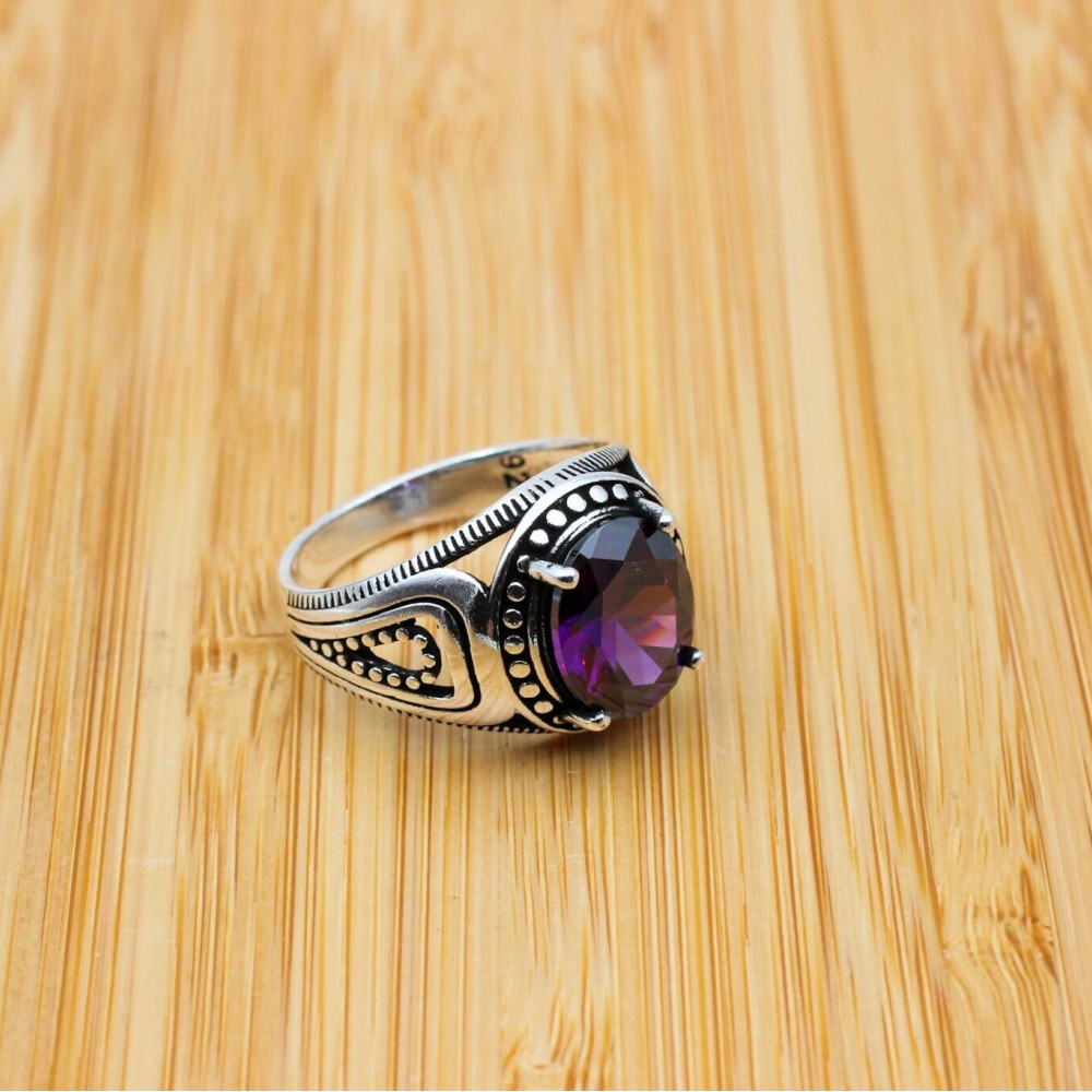 Men's Handmade Ring, Turkish Handmade Ring, Cubic Zircon, Ottoman Men Ring, Amethyst Ring, Men's Jewelry, Gift for Him, 925k Sterling Silver