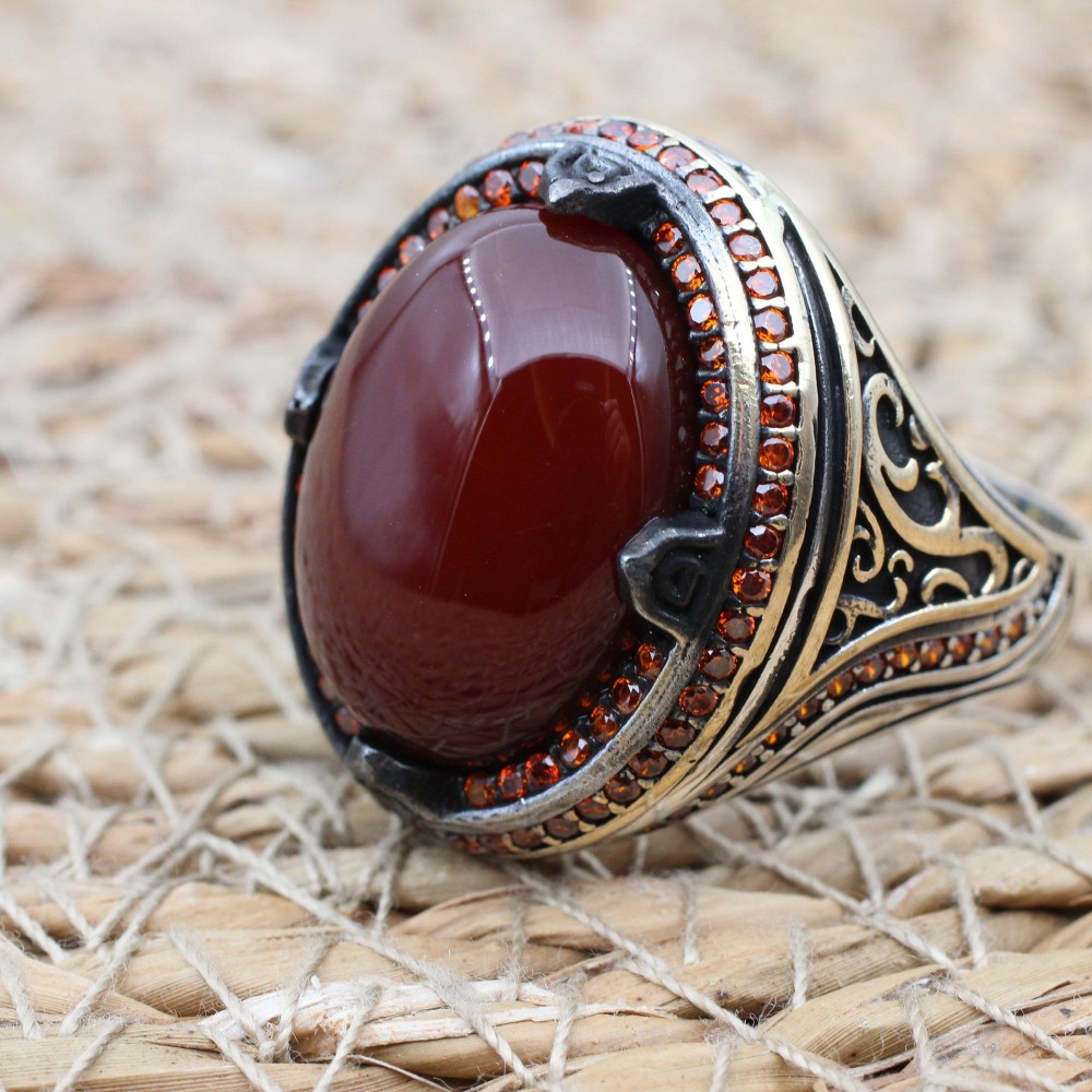 Turkish Handmade Silver Mens Ring, Men's Agate Ring, Handmade Ring, Ottoman Men Ring, Men's Jewelry, Gift for Him, 925k Sterling Silver Ring