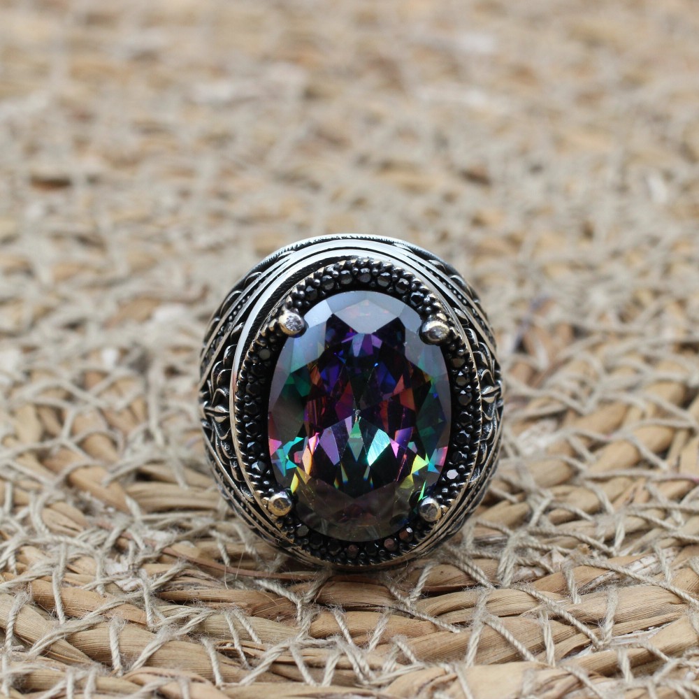 Mystic Topaz Men's Ring, Ottoman Men's Ring, Handmade Mens Ring, Turkish Handmade Mens Ring, Mens Jewelry, Gift for Him, 925 Sterling Silver