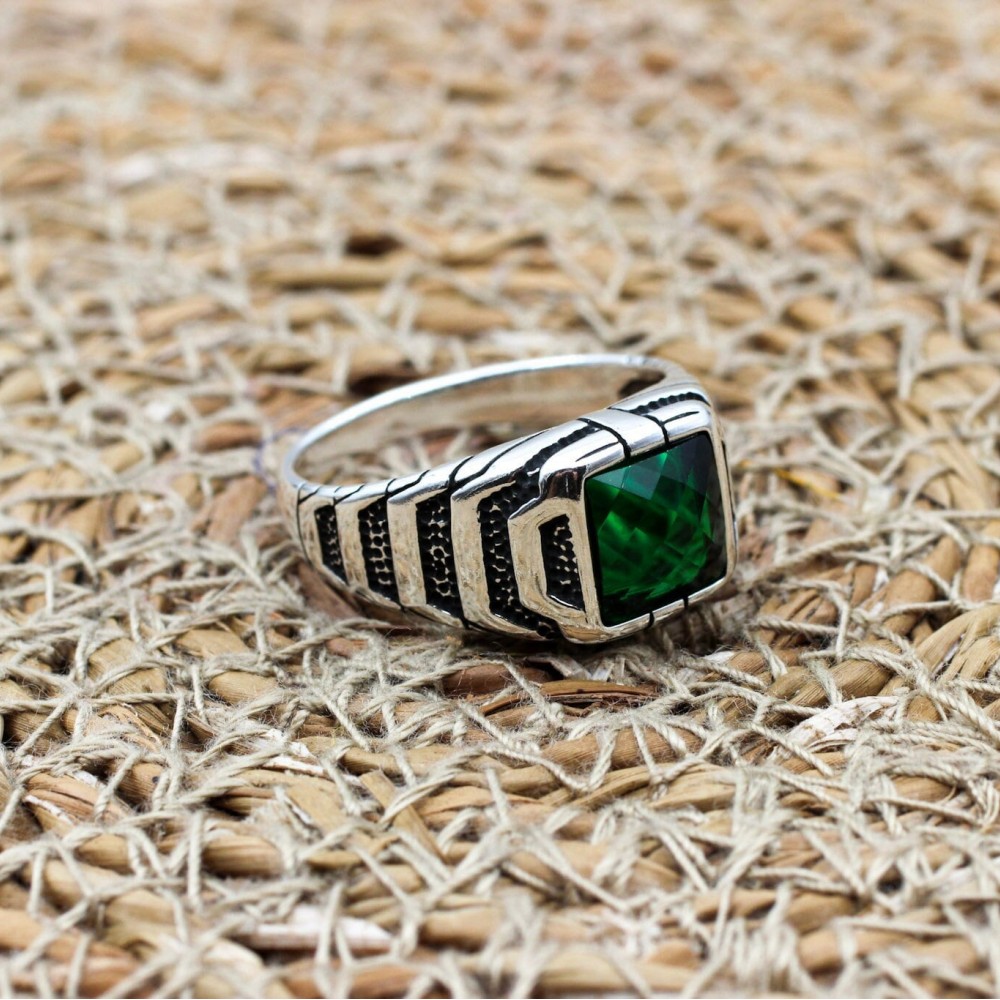 Emerald Men's Ring, Ottoman Men's Ring, Handmade Men's Ring, Turkish Handmade Men's Ring, Men's Jewelry, Gift for Him, 925 Sterling Silver