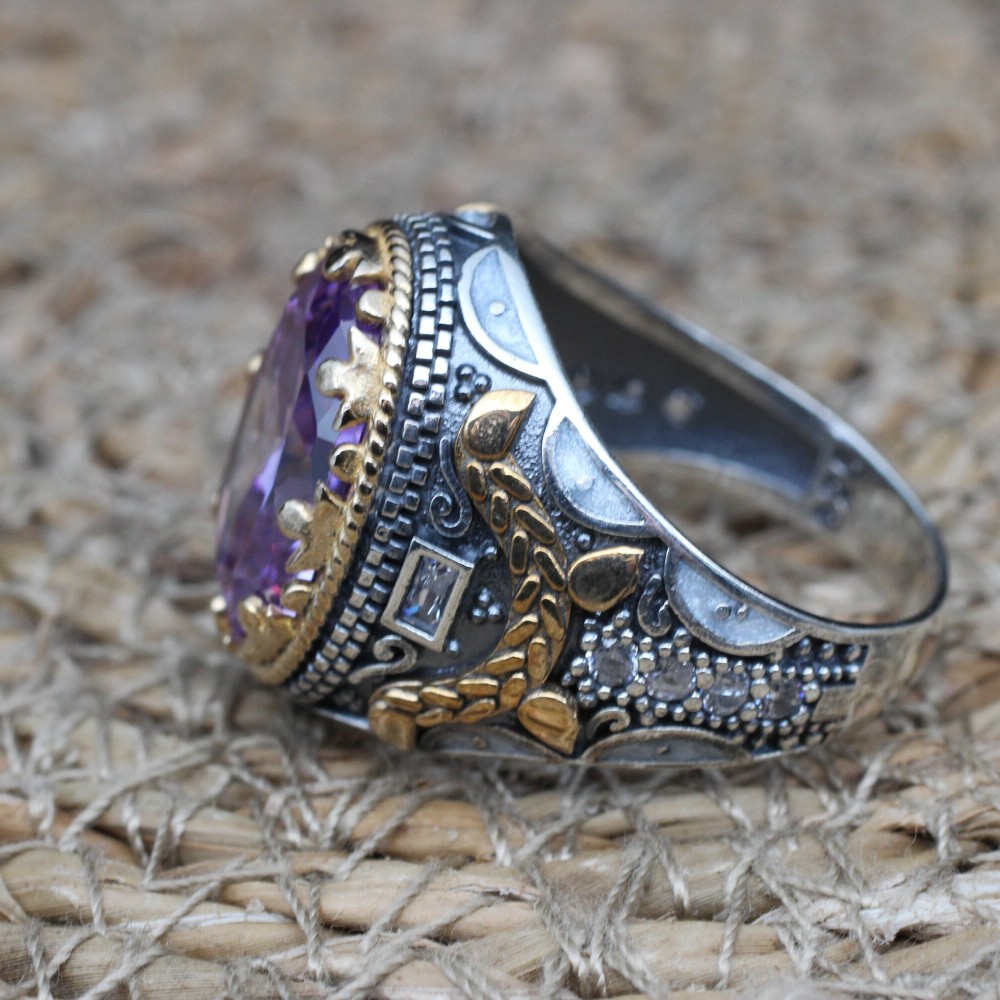 Amethyst Men's Ring, Mens Handmade Ring, Turkish Handmade Silver Men Ring, Ottoman Men Ring, Men Jewelry, Gift for Him, 925k Sterling Silver