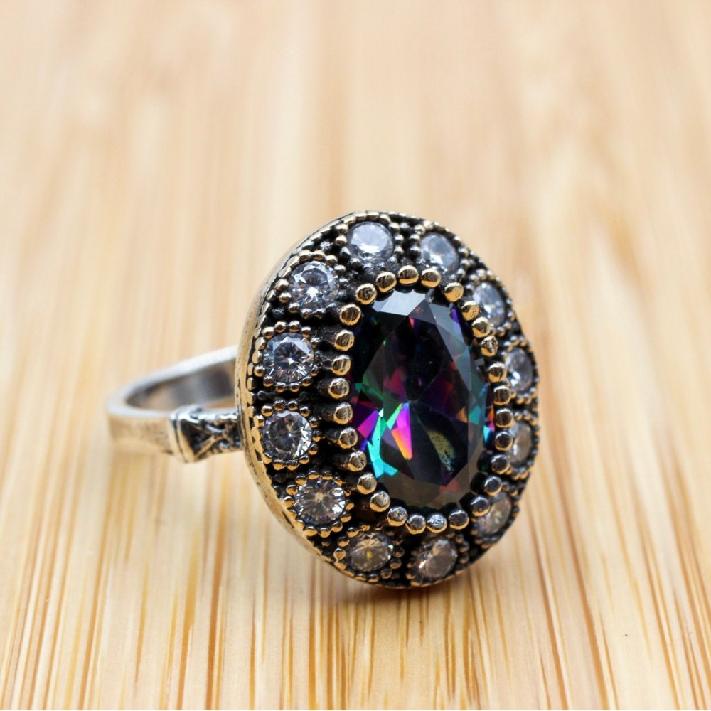 Handmade Women's Ring, Mystic Topaz Ring, Turkish Handmade Ring, Ladies Ring, Ottoman Women Ring, Ladies Ring, 925k Sterling Silver Ring,
