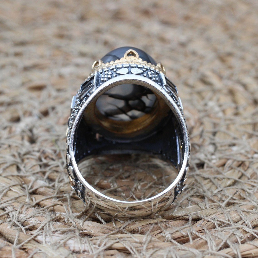 Agate Men's Ring, Handmade Men's Ring, Turkish Handmade Silver Ring, Ottoman Mens Ring, Mens Jewelry, Gift for Him, 925 Sterling Silver Ring