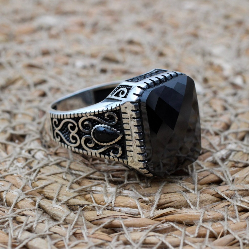 Men's Handmade Ring, Turkish Handmade Silver Men's Ring, Ottoman Men Ring, Onyx Ring, Men's Jewelry, Gift for Him, 925k Sterling Silver Ring