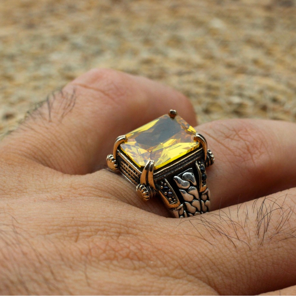 Men's Handmade Ring, Men Chain Model Ring, Citrine Men's Ring, Ottoman Men's Ring, Men's Jewelry, Gift for Him, 925k Sterling Silver Ring