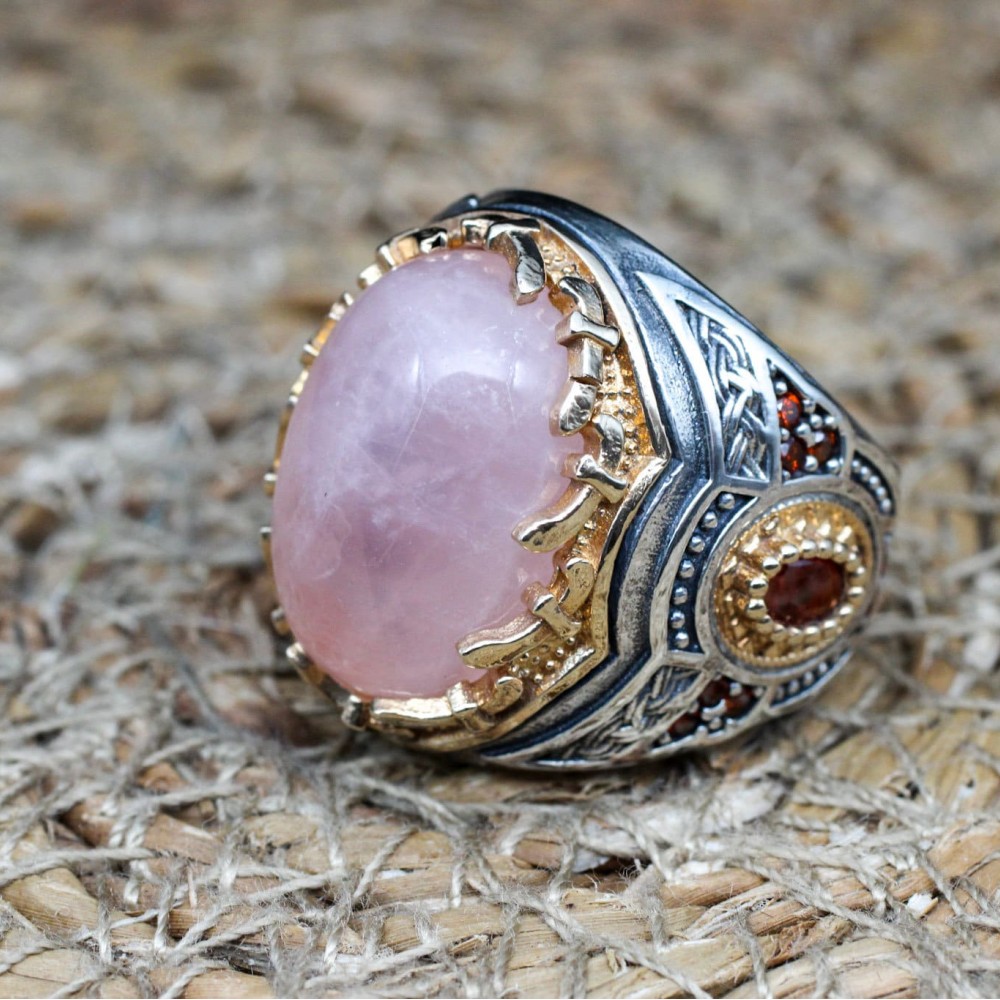 Handmade Mens Ring, Turkish Handmade Silver Men Ring, Ottoman Men Ring, Rose Quartz Ring, Men's Jewelry, Gift for Him, 925k Sterling Silver,