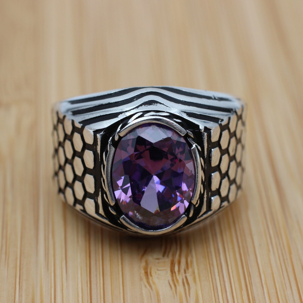 Men's Handmade Ring, Turkish Handmade Ring, Cubic Zircon, Ottoman Men Ring, Amethyst Ring, Men's Jewelry, Gift for Him, 925k Sterling Silver