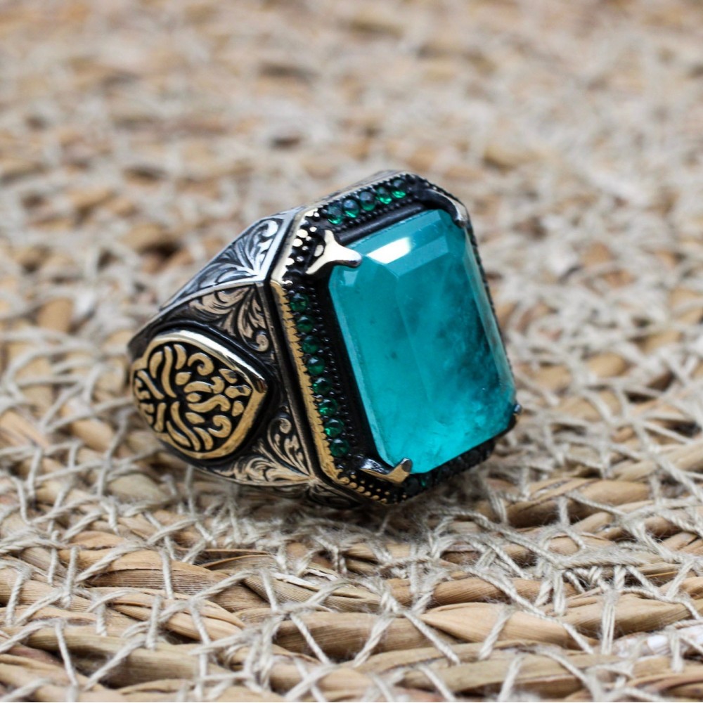 Mens Handmade Ring, Turkish Handmade Silver Men Ring, Ottoman Ring, Tourmaline Paraiba Ring, Men Jewelry, Gift for Him, 925k Sterling Silver