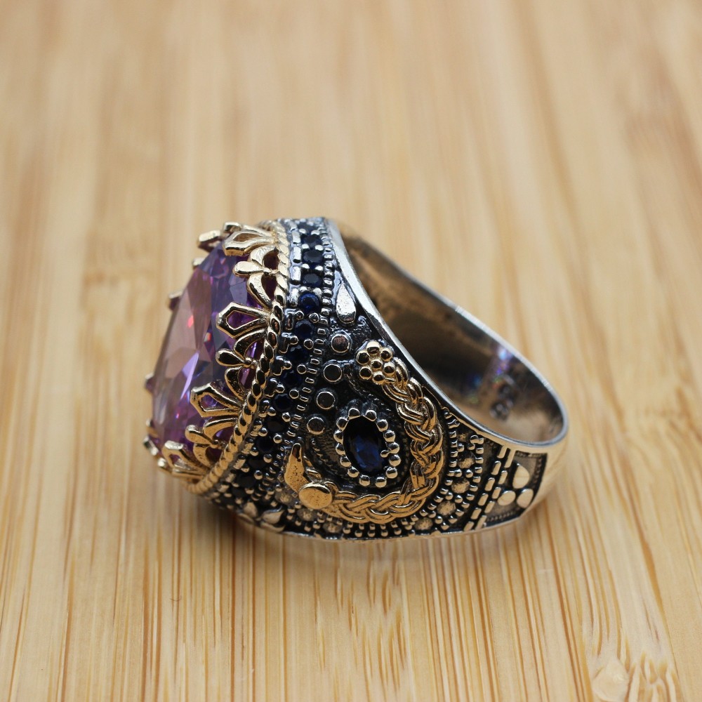 Amethyst Men's Ring, Mens Handmade Ring, Turkish Handmade Silver Men Ring, Ottoman Men Ring, Men Jewelry, Gift for Him, 925k Sterling Silver