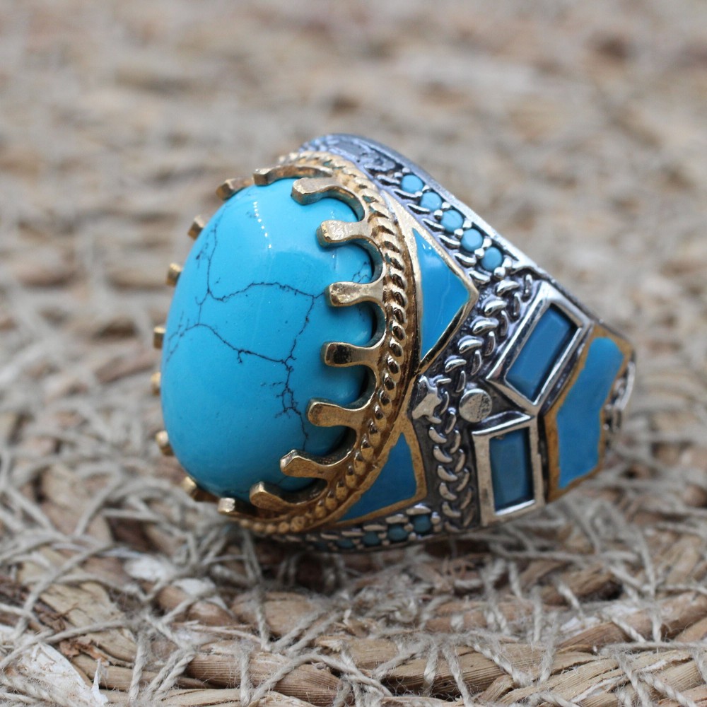 Turquoise Men's Ring, Handmade Ring, Turkish Handmade Silver Men Ring, Ottoman Ring, Men's Jewelry, Gift for Him, 925k Sterling Silver Ring