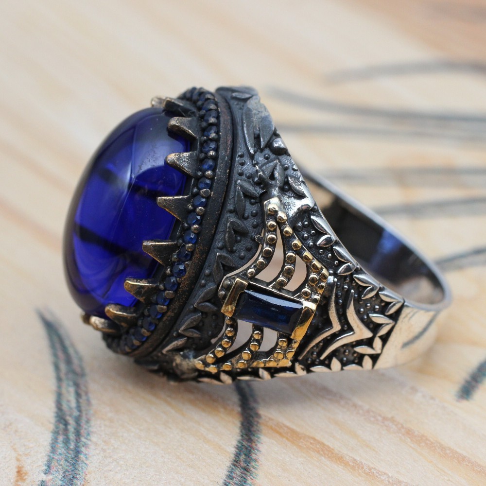 Sapphire Men Ring, Turkish Handmade Silver Men Ring, Mens Handmade Ring, Ottoman Ring, Men Jewelry, Gift for Him, 925k Sterling Silver Ring