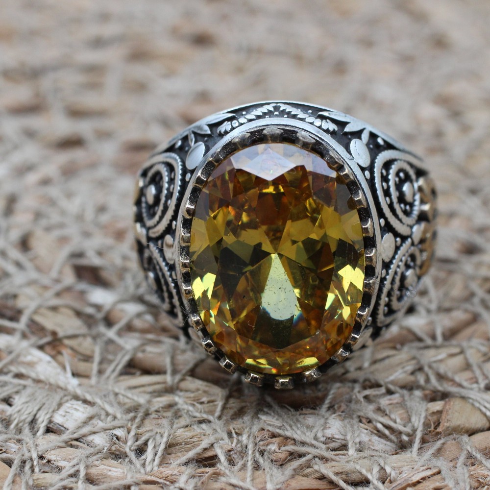 Citrine Men's Ring, Handmade Men's Ring, Turkish Handmade Ring, Ottoman Men's Ring, Men's Jewelry, Gift for Him, 925k Sterling Silver Ring