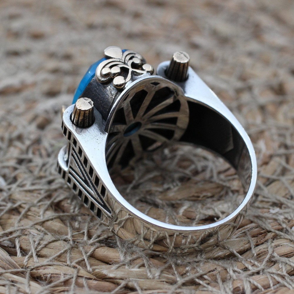 Mens Handmade Ring, Turkish Handmade Silver Men Ring, Ottoman Ring, Aquamarine Ring, Men's Jewelry, Gift for Him, 925k Sterling Silver Ring