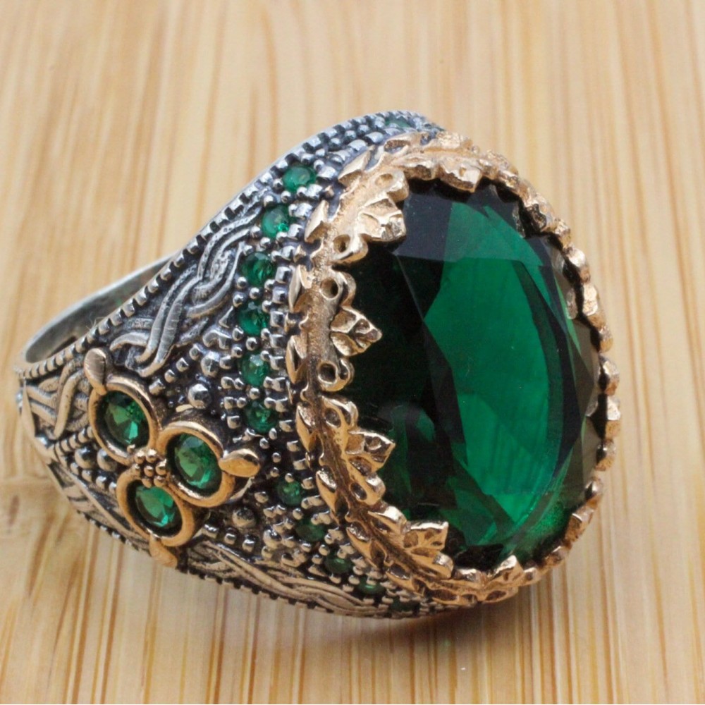 Emerald Men's Ring, Handmade Ring, Turkish Handmade Silver Men Ring, Ottoman Men Ring, Mens Jewelry, Gift for Him, 925k Sterling Silver Ring