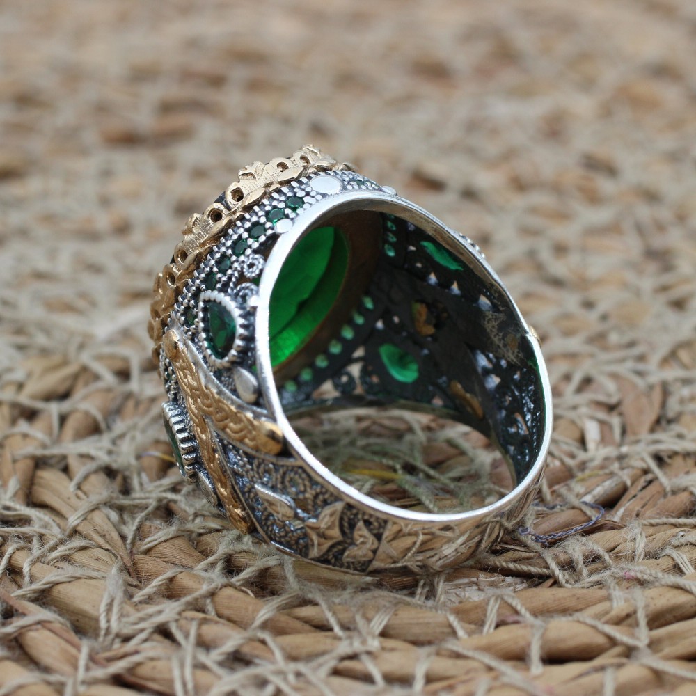 Emerald Men's Ring, Ottoman Men's Ring, Handmade Men's Ring, Turkish Handmade Men's Ring, Men's Jewelry, Gift for Him, 925 Sterling Silver