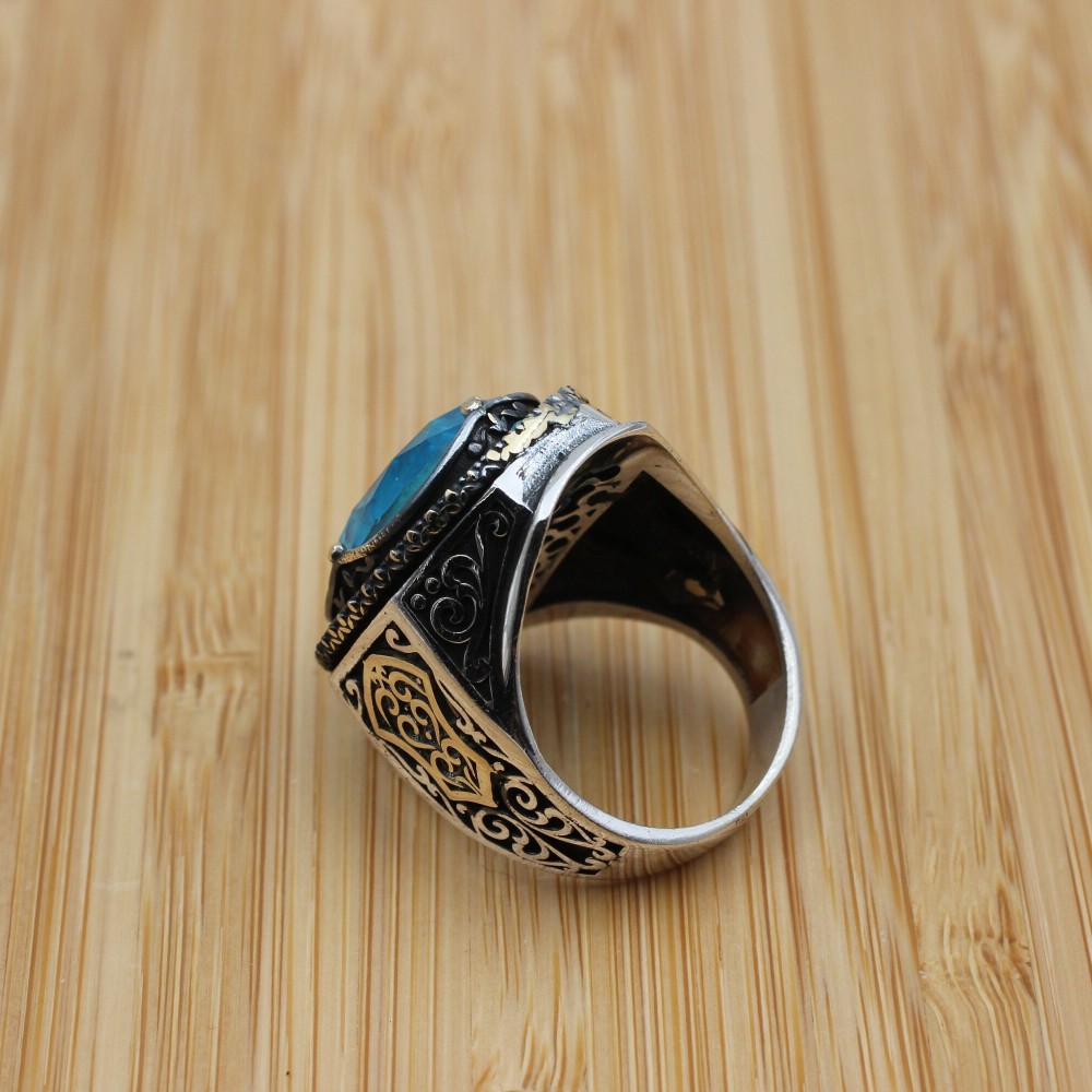 Mens Handmade Ring, Turkish Handmade Silver Men Ring, Ottoman Ring, Aquamarine Ring, Men's Jewelry, Gift for Him, 925k Sterling Silver Ring