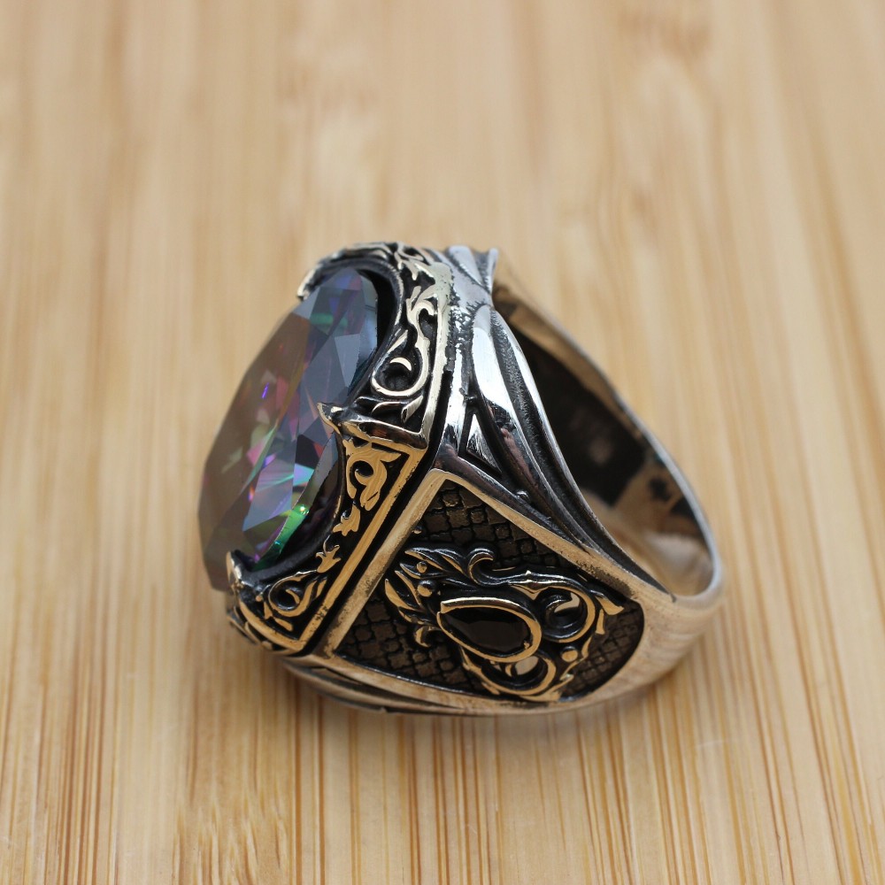Mystic Topaz Ring, Handmade Ring, Turkish Handmade Silver Men Ring, Mystic Topaz Ring, Men's Jewelry, Gift for Him, 925k Sterling Silver Mystic Topaz Ring, Handmade Ring, Turkish Handmade Silver Men Ring, Mystic Topaz Ring, Men's Jewelry, Gift for Him, 925k Sterling Silver