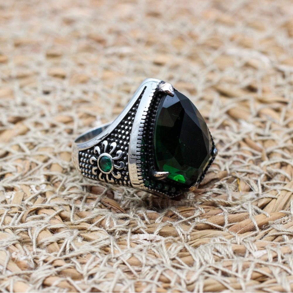 Emerald Men's Ring, Ottoman Men's Ring, Handmade Men's Ring, Turkish Handmade Men's Ring, Men's Jewelry, Gift for Him, 925 Sterling Silver