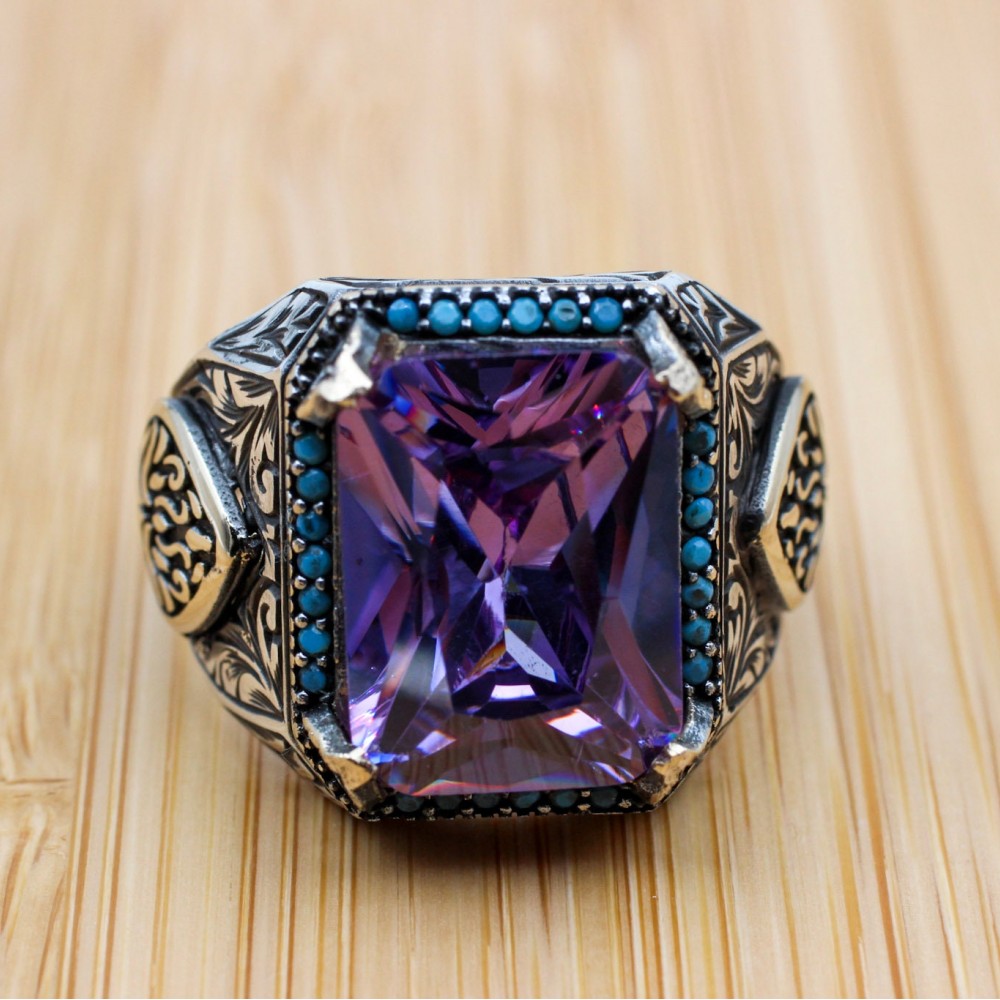 Men's Handmade Ring, Turkish Handmade Silver Men's Ring, Ottoman Ring, Amethyst Ring, Men's Jewelry, Amethyst, 925k Sterling Silver Ring
