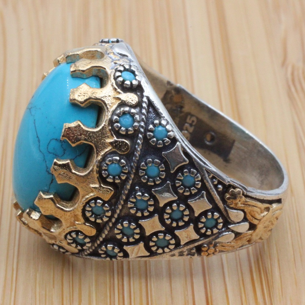 Turquoise Men's Ring, Handmade Ring, Turkish Handmade Silver Men's Ring, Ottoman Ring, Yemeni Ring, Gift for Him, 925k Sterling Silver Ring