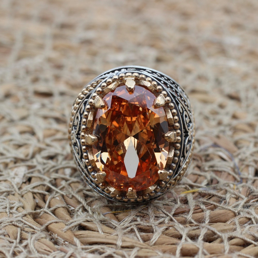 Turkish Handmade Silver Men's Ring, Men's Handmade Ring, Yemeni Ring, Topaz Men's Ring, Ottoman Ring, Gift for Him, 925k Sterling Silver,