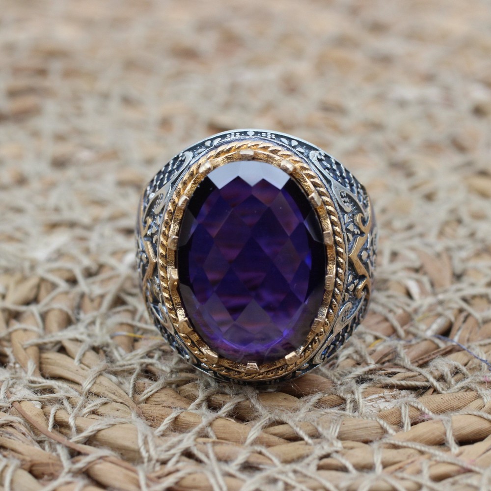 Amethyst Men's Ring, Mens Handmade Ring, Turkish Handmade Silver Men Ring, Ottoman Men Ring, Men Jewelry, Gift for Him, 925k Sterling Silver