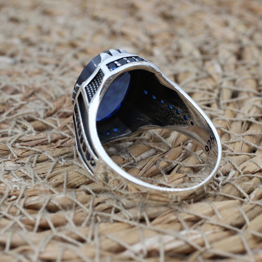 Turkish Handmade Silver Men Ring, Mens Handmade Ring, Ottoman Ring, Sapphire Ring, Men's Jewelry, Gift for Him, 925k Sterling Silver Ring