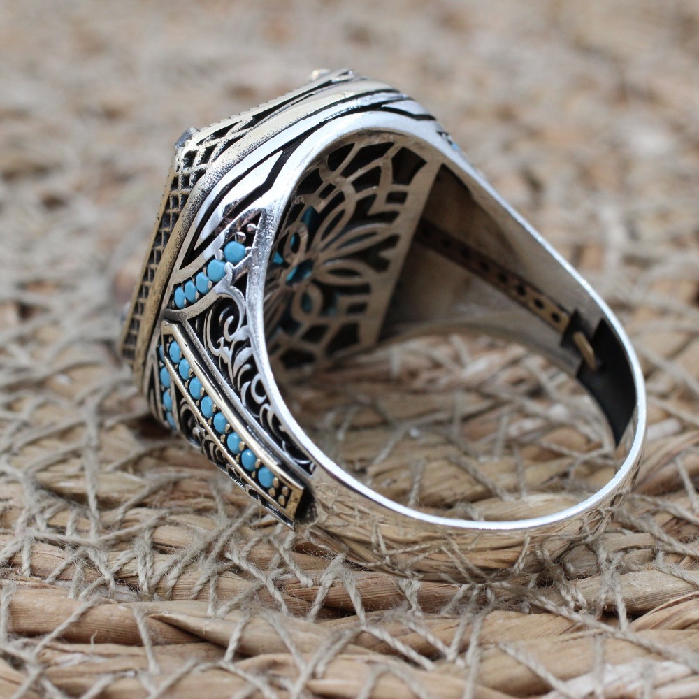Mens Handmade Ring, Turkish Handmade Silver Men Ring, Ottoman Ring, Aquamarine Ring, Men's Jewelry, Gift for Him, 925k Sterling Silver Ring