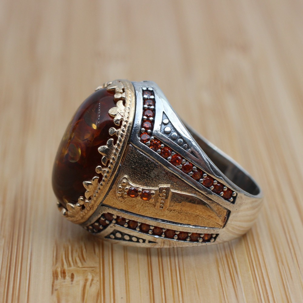 Amber Ring, Men's Handmade Ring, Ottoman Men Ring, Turkish Handmade Silver Men Ring, Men's Jewelry, Gift for Him, 925k Sterling Silver Ring