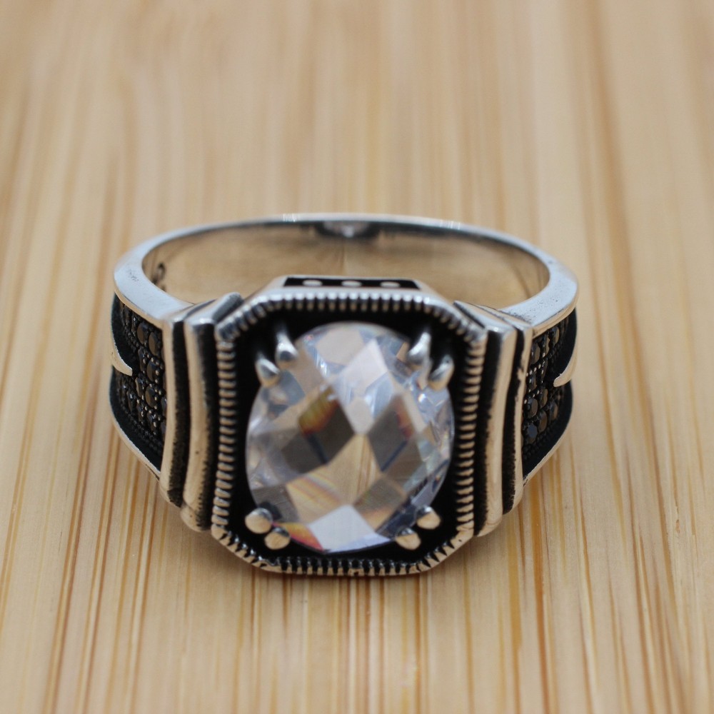 Mens Handmade Ring, Turkish Handmade Silver Men Ring, Ottoman Men Ring, Zircon Ring, Men's Jewelry, Gift for Him, 925k Sterling Silver Ring