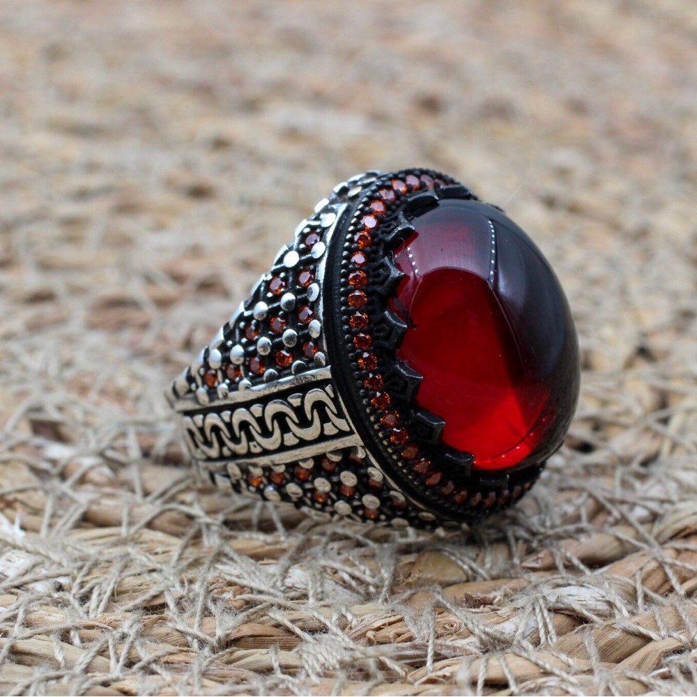 Ruby Men's Ring, Ottoman Men's Ring, Handmade Men's Ring, Turkish Handmade Men's Ring, Men's Jewelry, Gift for Him, 925 Sterling Silver
