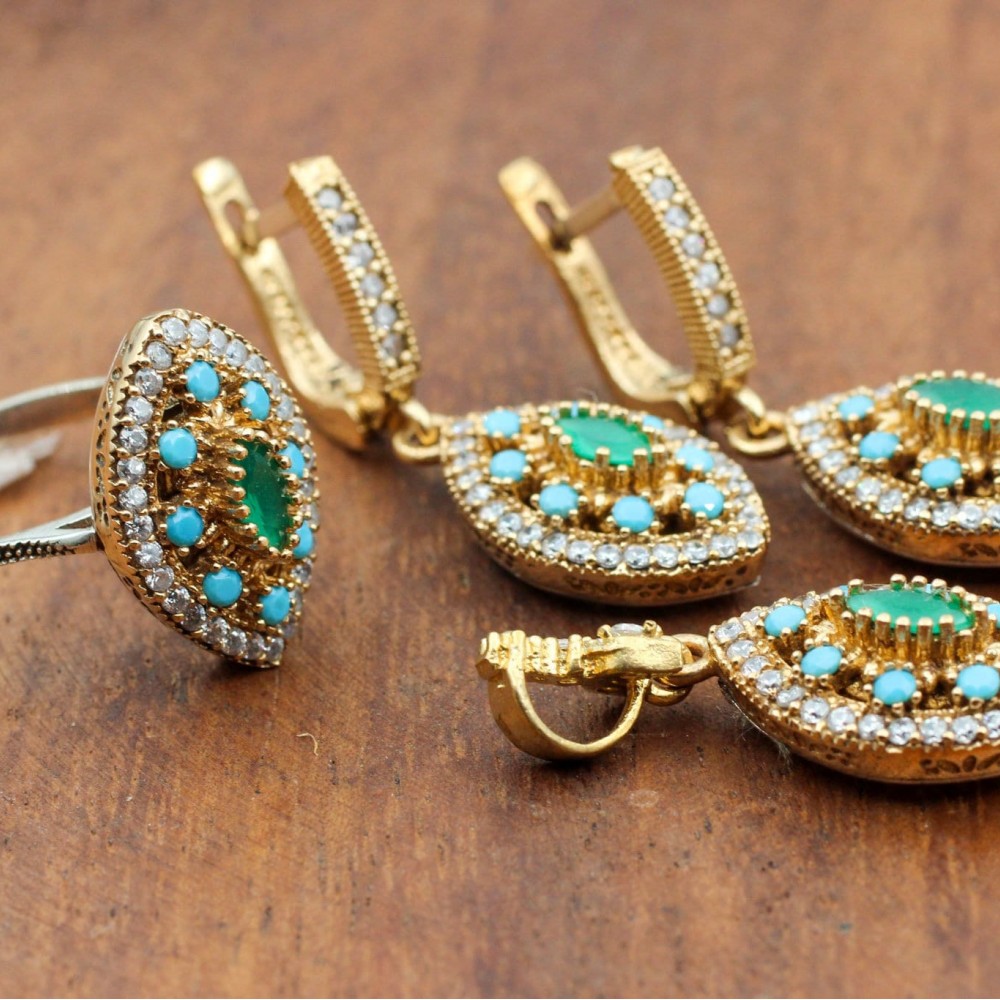Emerald Set, Authentic Set, Handmade Set Women, Turkish Handmade, Ladies Jewelry Set, Earring, Pendant, Ladies Set, 925k Sterling Silver