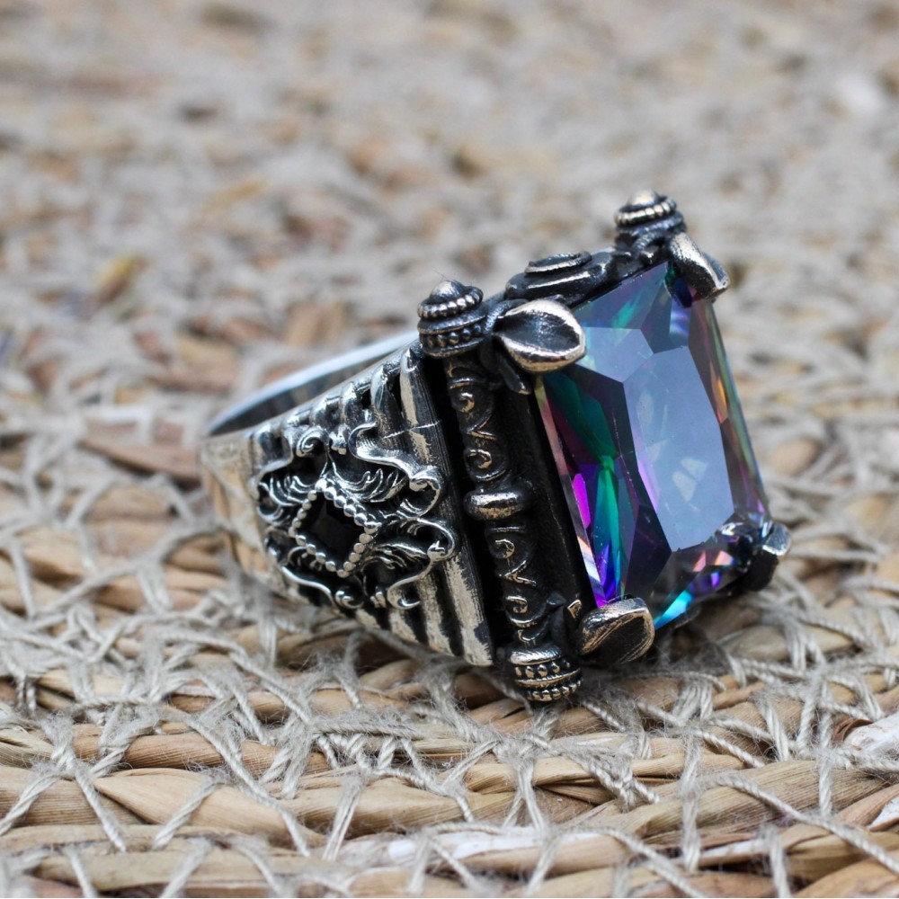 Mystic Topaz Mens Ring, Handmade Ring, Turkish Handmade Ring, Mens Jewelry, Ottoman Ring, Gift for Him, 925k Sterling Silver, Square Stone